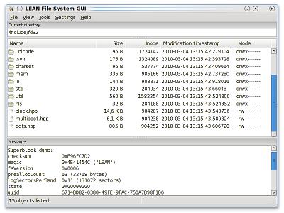 Screenshot of the LEAN file system GUI frontend on Linux